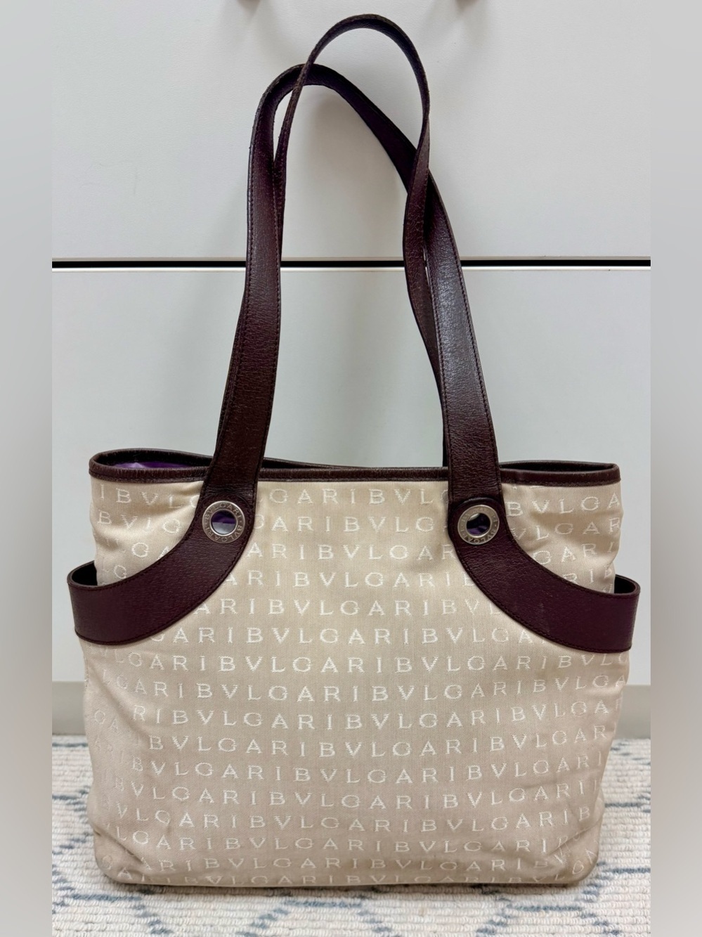 BVLGARI Vintage Y2K Brown Signature Logomania Monogram Canvas Tote Shoulder Bag